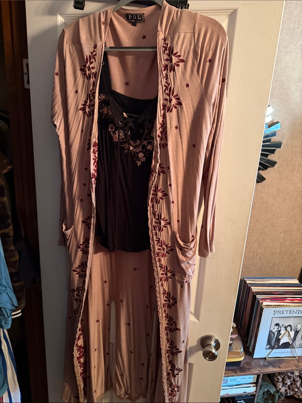 POL Blush Pink Long Embroidered Duster Robe with Burgundy Detail